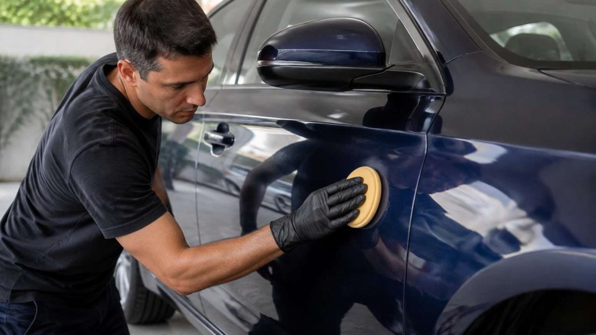 Persona aplicando cera con una almohadilla sobre la carrocería limpia de un coche azul oscuro.