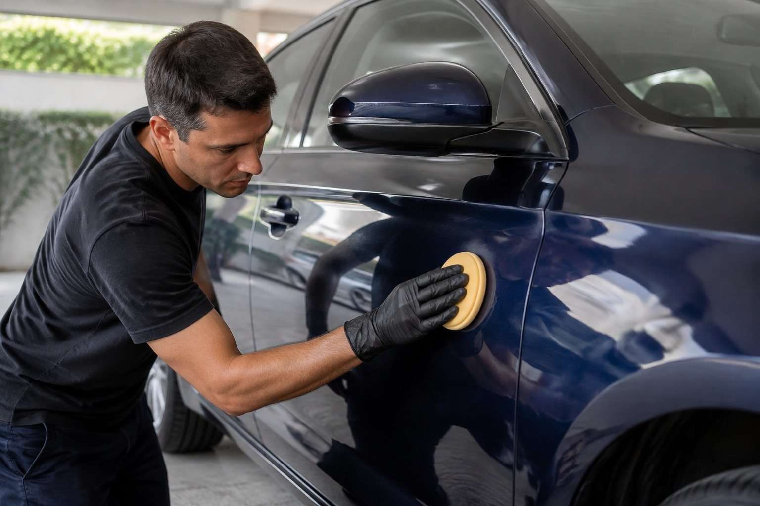 Persona aplicando cera con una almohadilla sobre la carrocería limpia de un coche azul oscuro.