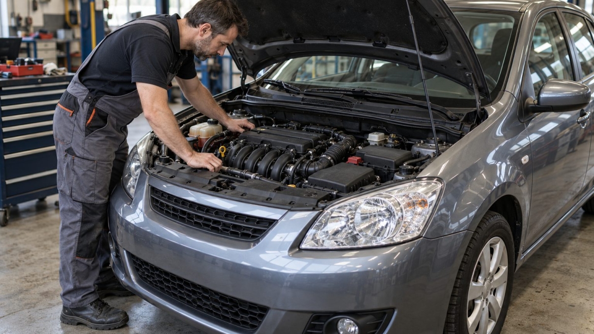 Un mecánico revisa el compartimento del motor de un coche compacto de gasolina