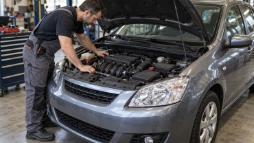 Un mecánico revisa el compartimento del motor de un coche compacto de gasolina
