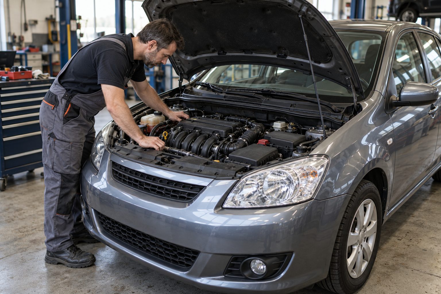 Un mecánico revisa el compartimento del motor de un coche compacto de gasolina