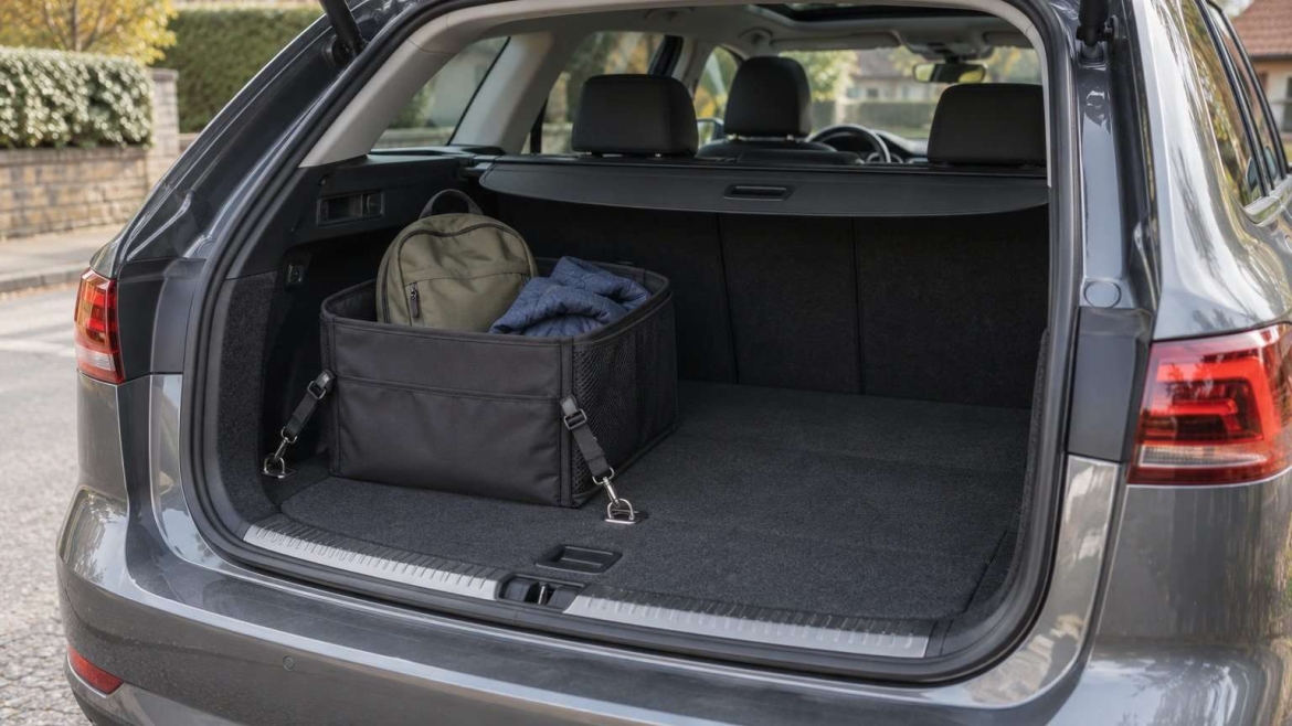 Organizador de tela sujeto en el maletero de un coche, con una mochila pequeña y una chaqueta doblada.