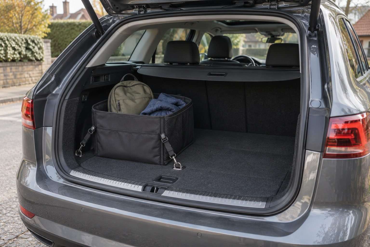 Organizador de tela sujeto en el maletero de un coche, con una mochila pequeña y una chaqueta doblada.